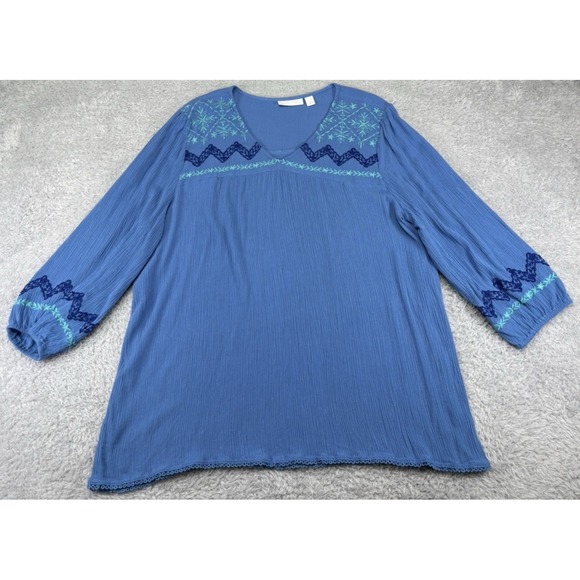 Susan Graver Crinkle Gauze Peasant Tunic Top Blue Embroidered V Neck Petite XL - Picture 5 of 11
